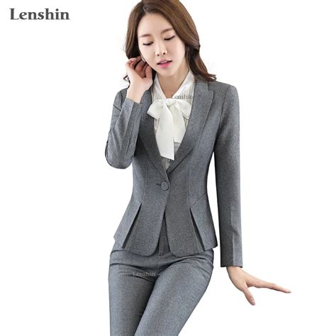 Lenshin 2 Pieces Set Women Business Suits Formal Office Lady Uniform Design Style Gray Pant Suit