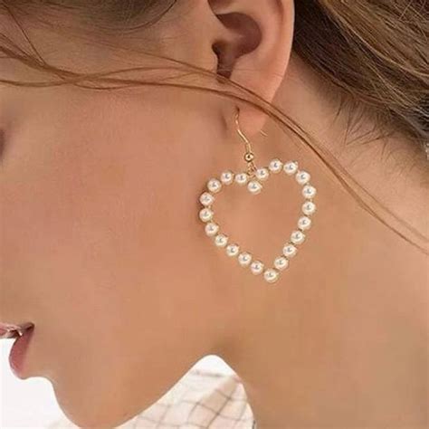 Faux Pearl Heart Drop Earrings Heart Dangle Pierced Earrings New In 2024 Big Earrings Heart