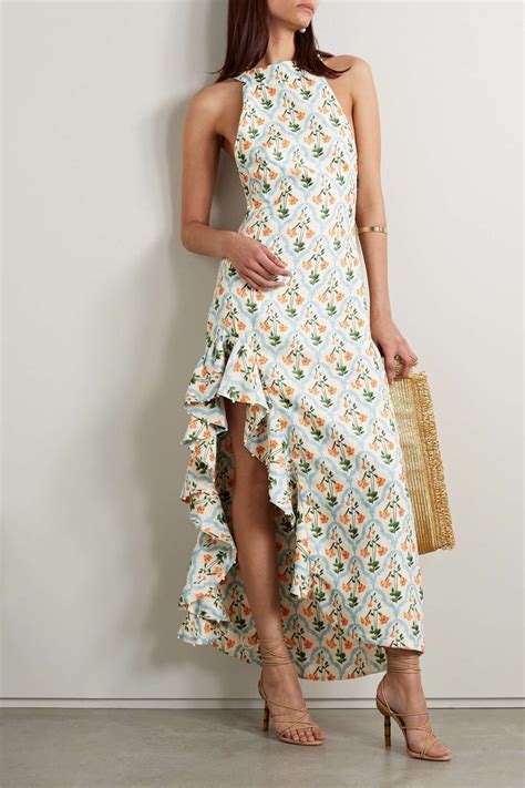 Green Gerbera Ruffled Printed Linen Maxi Dress Agua By Agua Bendita