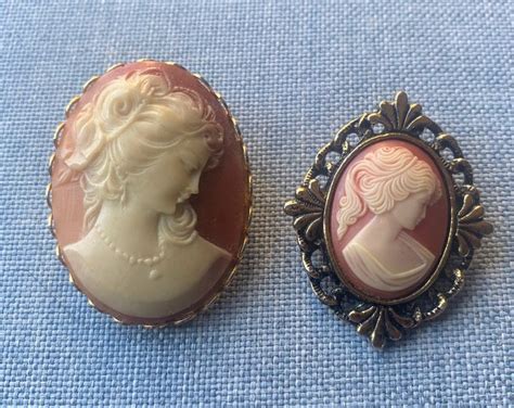 Vintage Cameo Brooch Lot, Set of 2 Victorian Style Gold Tone Faux Shell ...
