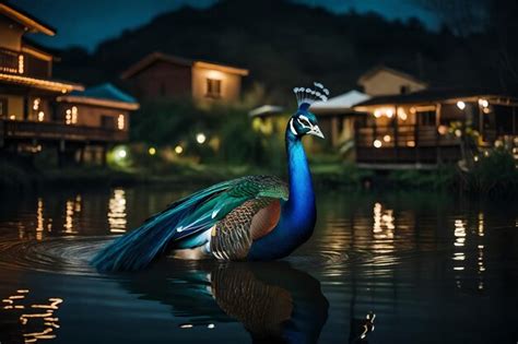 Premium Photo | A peacock is swimming in a lake at night