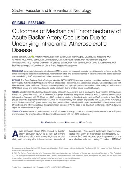 PDF Outcomes Of Mechanical Thrombectomy Of Acute Basilar Artery