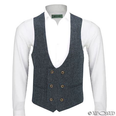 Mens Vintage Tweed Double Breasted Low U Cut Suit Waistcoat Retro Slim