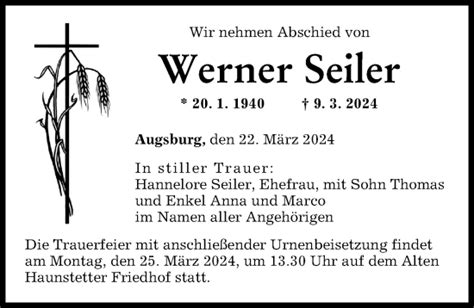 Traueranzeigen Von Werner Seiler Augsburger Allgemeine Zeitung