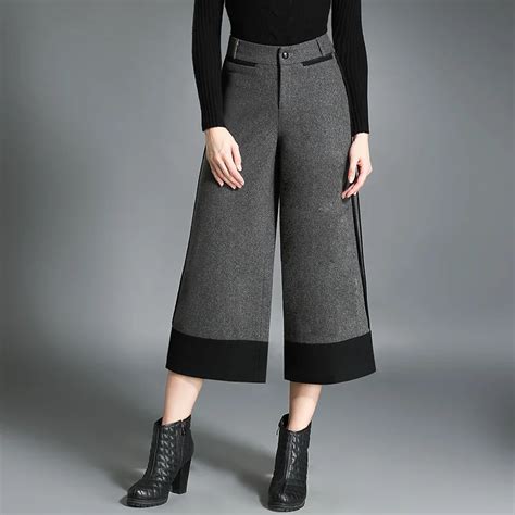 Winter Autumn Womens Grey Patchwork High Waisted Wide Leg Loose Woolen