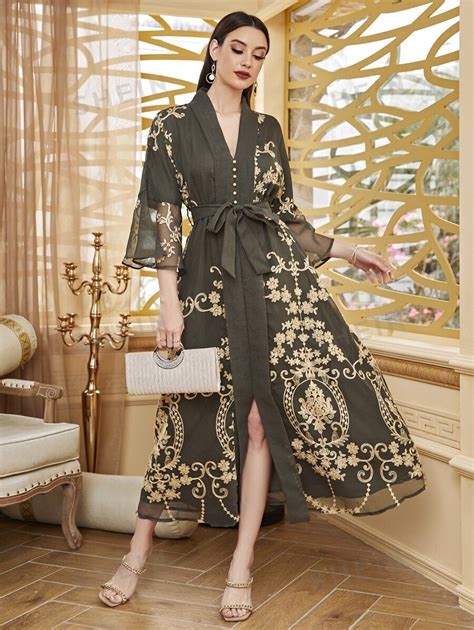 Shein Najma Baroque Print Flounce Sleeve Belted Kaftan Shein South Africa