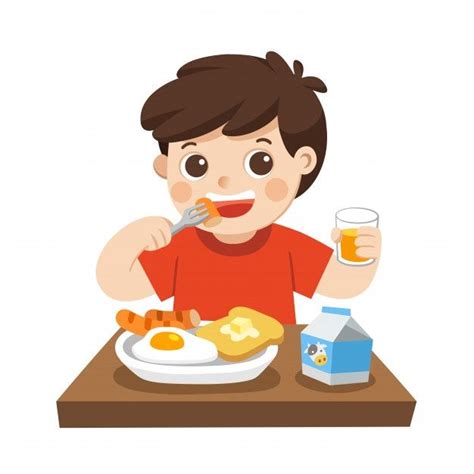 Premium Vector A Little Boy Happy To Eat Breakfast In The Morning