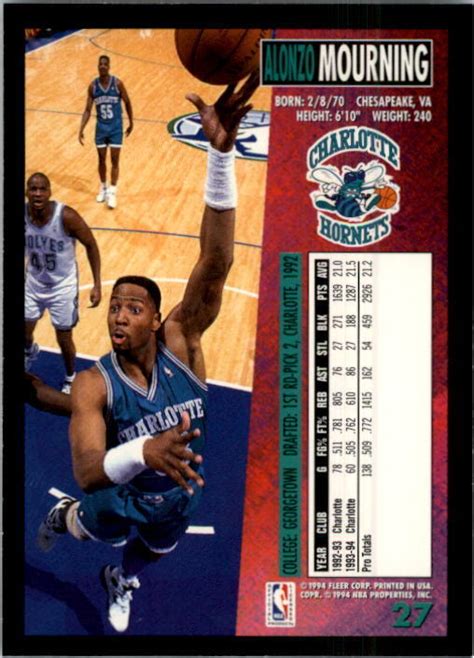 1994 95 Fleer Charlotte Hornets Basketball Card 27 Alonzo Mourning EBay