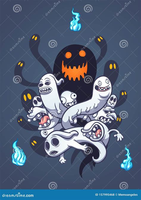 Scary Entangled Halloween Ghosts With Blue Flame Spirits Stock Vector