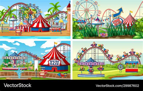 Four Scenes With Many Rides In Fun Fair Royalty Free Vector