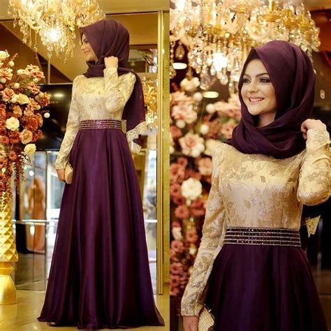 Buy Long Sleeve Muslim Prom Dress Bow Purple Lace