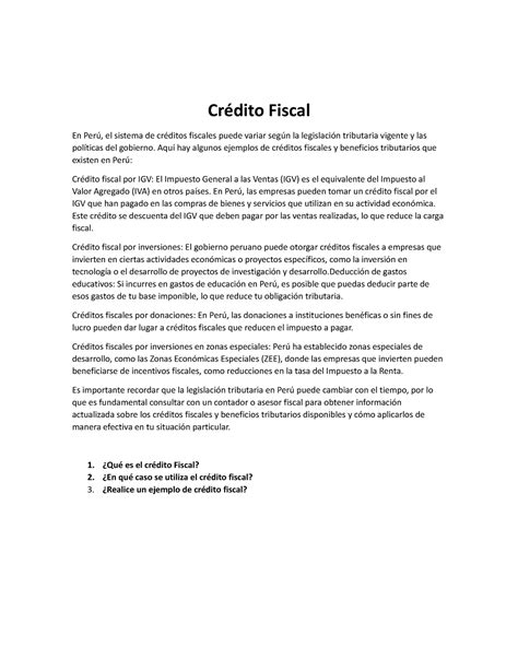 Practica Credito Fiscal Cr Dito Fiscal En Per El Sistema De