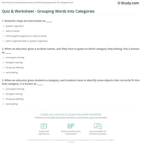 Quiz And Worksheet Grouping Words Into Categories