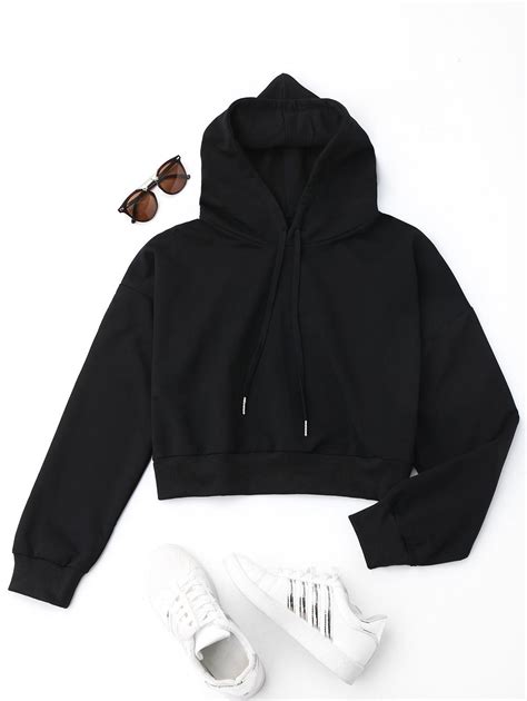 Drop Shoulder Cropped Hoodie In Black Zaful 2024