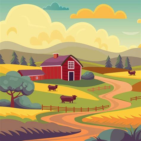 Rural landscape illustration for background. Farmhouse and barns, cows ...