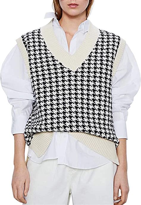 Safrisior Oversized Houndstooth Knitted Vest Sweater Vintage V Neck