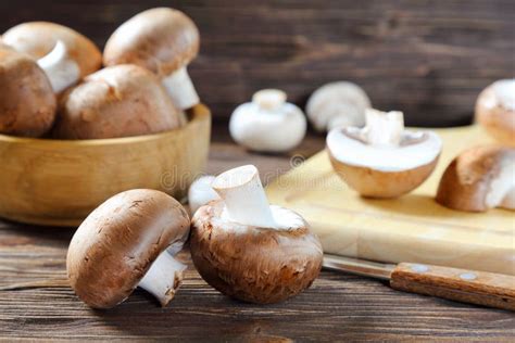 Portobello Champignon on a Kitchen Wooden Table Stock Photo - Image of ...