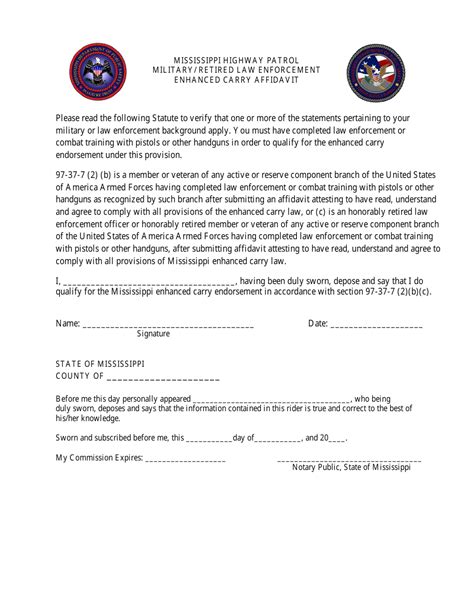 Mississippi Military Retired Law Enforcement Enhanced Carry Affidavit