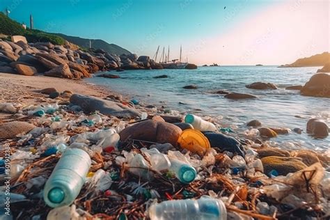 polluted beach with a lot of garbage, environmental pollution, marine pollution, Generative AI ...