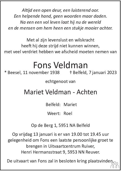 Fons Veldman 07 01 2023 Overlijdensbericht En Condoleances Mensenlinq Nl