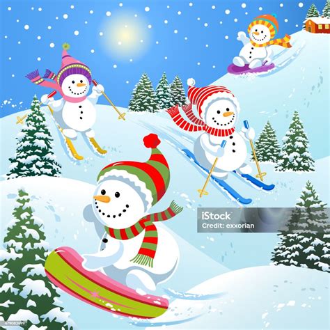 Snowmen Skiing Sledding And Snowboarding Stock Illustration Download