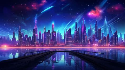 Premium Ai Image Neon Night City Crossing With View Of Glittering