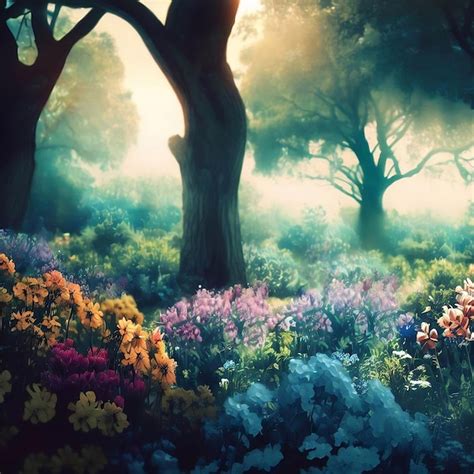 Premium AI Image | A painting of a forest with colorful flowers in the ...