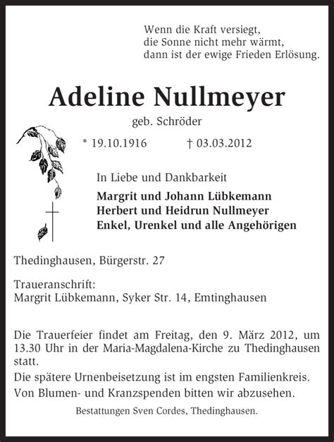 Traueranzeigen Von Adeline Nullmeyer Trauer Kreiszeitung De