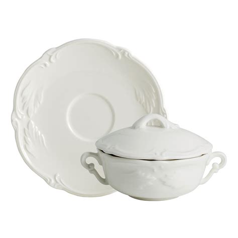 Gien Rocaille White soup bowls with lids and saucers, set of 2 | artedona.