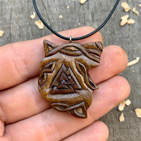 Viking Fenrir Wolf Valknut Wood Pendant Fenrir With Celtic Etsy