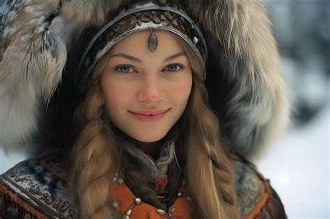 Premium Ai Image Northern Charm Siberian Woman In Traditional Regalia