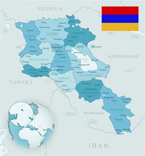 Azerbaijão — Mapa Detalhado Administrativo Azul Com Bandeira E Localização No Mapa Mundial