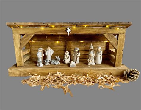 Christmas Nativity Set in Wooden Stable With Lights. Nativity - Etsy