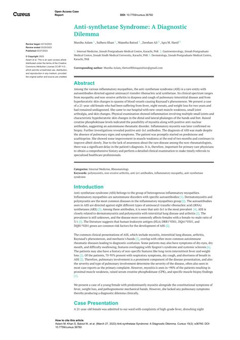 Pdf Anti Synthetase Syndrome A Diagnostic Dilemma