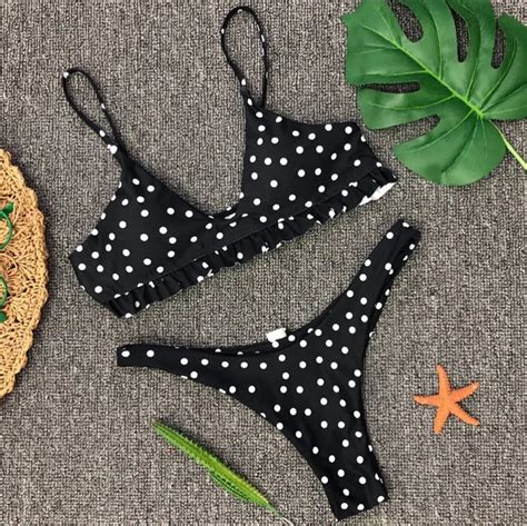 2018 New Dot Pattern Floral Border Bikini Set Swimsuit Bathing Suit For