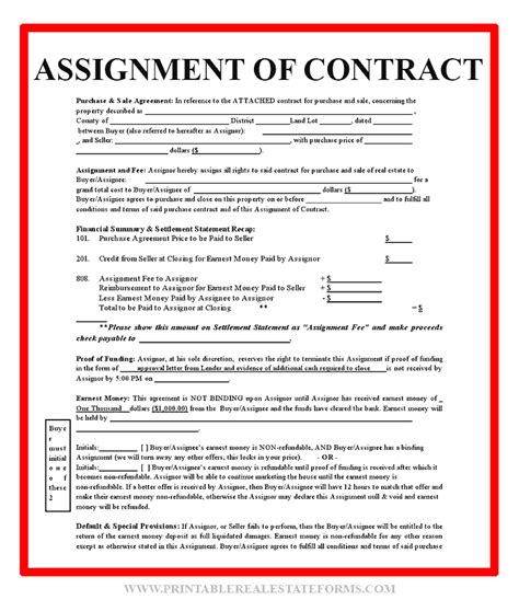 Free Assignment Of Contract Form Real Estate Sample