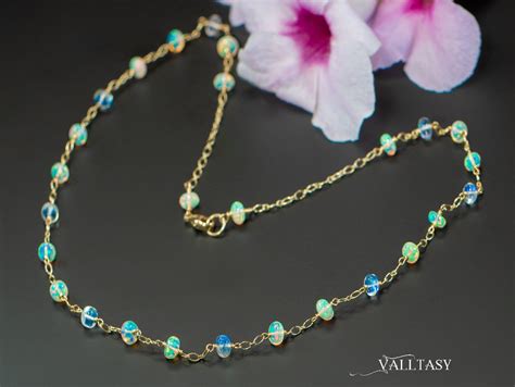 Solid Gold 14k Ethiopian Opal And Rainbow Moonstone Gemstone Necklace Gemmy Necklace Valltasy