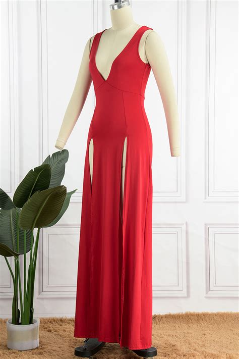 Wholesale Red Sexy Solid Patchwork Slit V Neck Long Dress Dresses