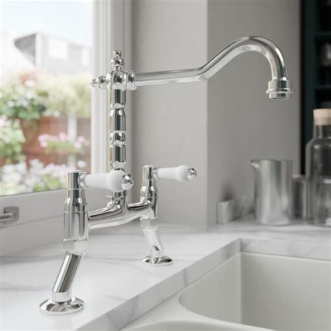 Traditional Bridge Kitchen Mixer Tap Twin Levers Sink Taps Swivel Spout