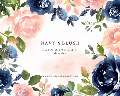 Hand Painted Watercolor Flower Clipart Set Navy And Blush Etsy Uk