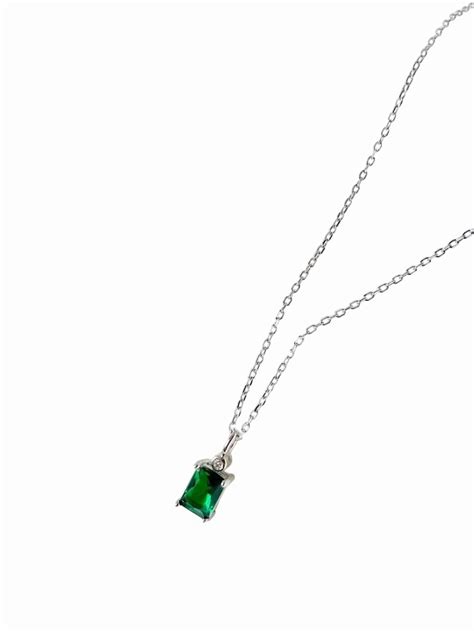 Emerald Gemstone Necklace, Natural Emerald CZ Chain Necklace, May