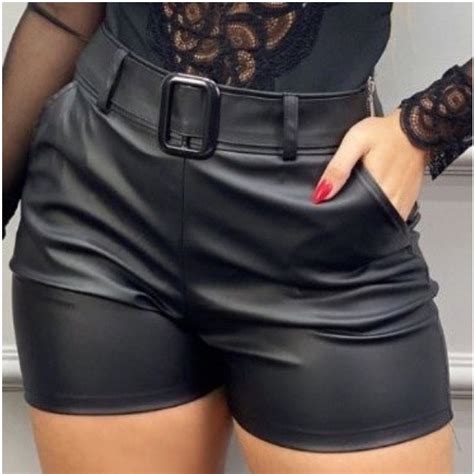 Short De Couro Fake Tecido Cirre Shorts Preto Cinto De Fivela