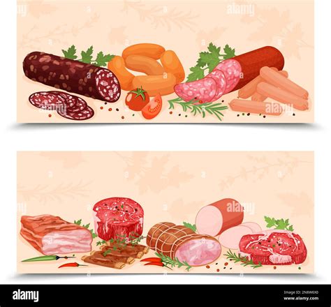 Meat Products Flat Set Of Two Horizontal Banners With Greens Spices And