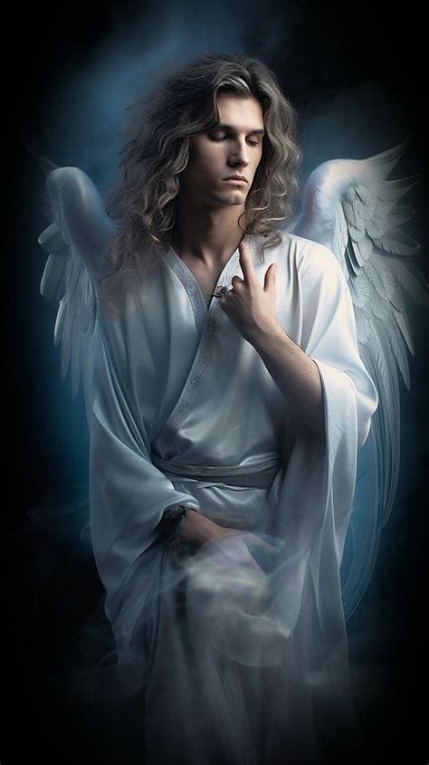 A Man With Long Hair And Angel Wings Standing In The Dark Holding His