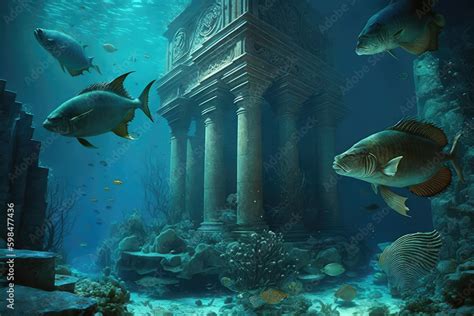 Ancient lost city of Atlantis underwater city of mythology, generative AI Stock Illustration ...