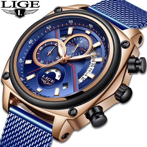 New Lige Blue Casual Mesh Belt Fashion Quartz Gold Watch Mens