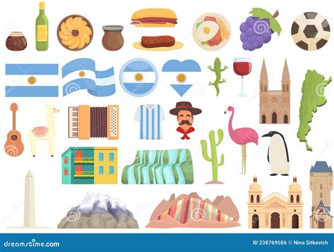 Argentina Icons Set Cartoon Vector Travel Culture Stock Vector