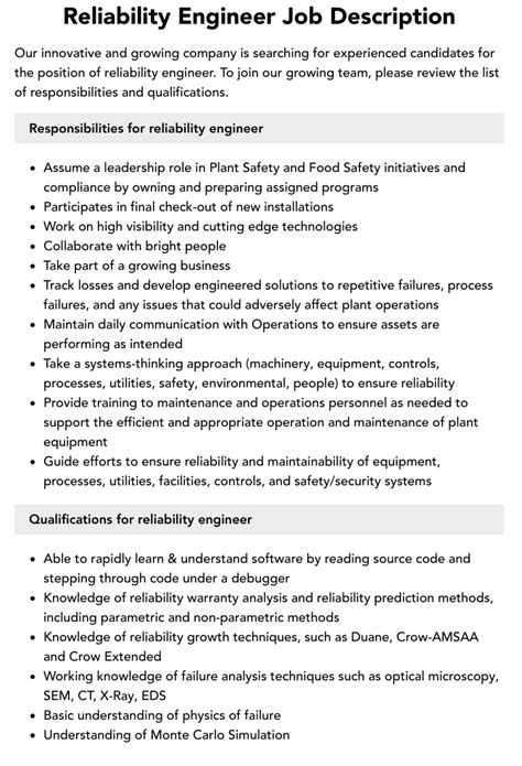 Reliability Engineer Job Description Velvet Jobs