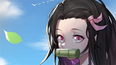 Demon Slayer Nezuko Kamado With Background Of Blue Sky Clouds Flying