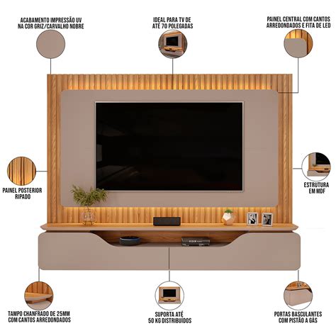 Painel Ripado Suspenso Para TV 70 Pol 210cm Rizzo D05 Griz Carvalho